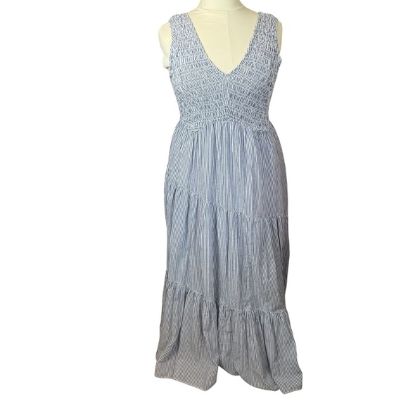 Free People Juno Tiered Maxi Dress Large Blue Striped Cotton Smocked Boho Flowy - Picture 3 of 16